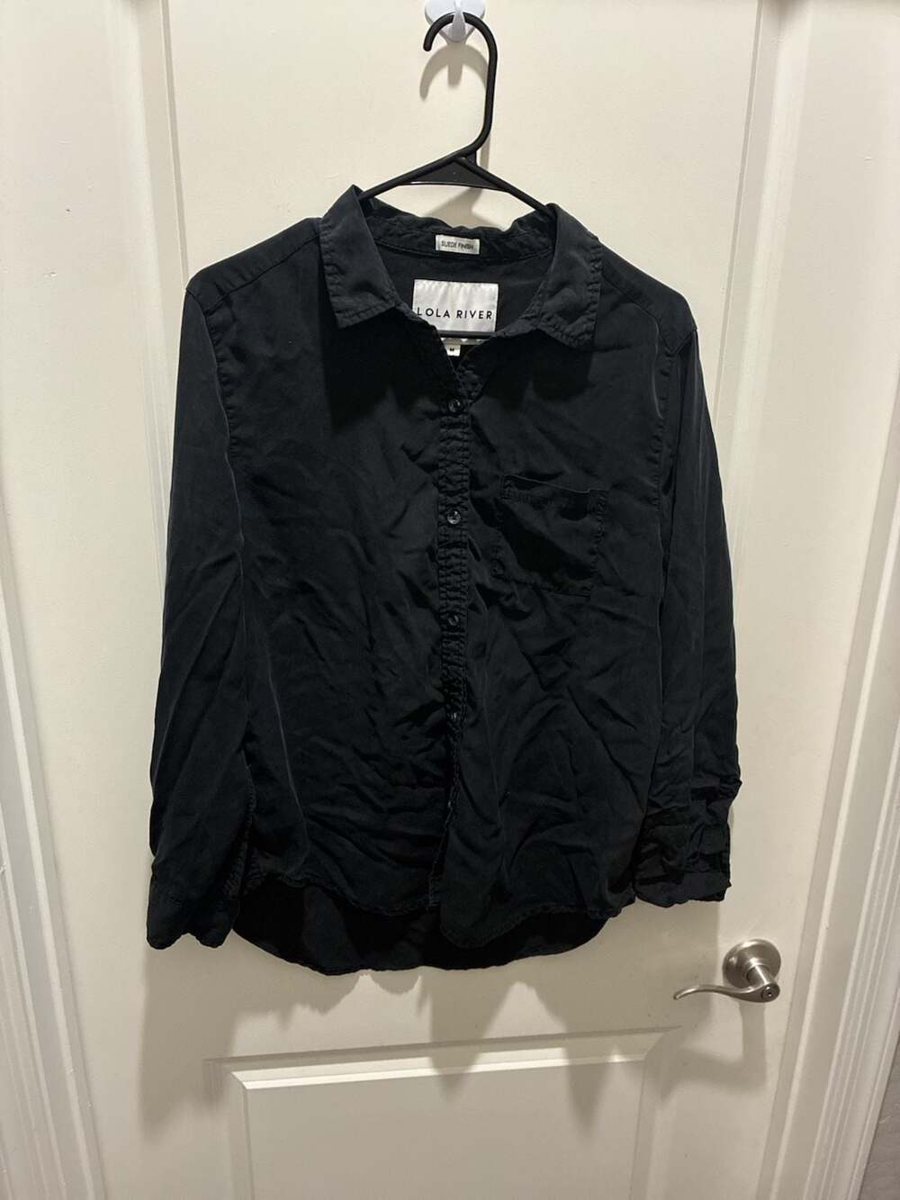 Lola River Black Suede Finish Tencel Lyocell Button Down Long Sleeve Shirt Mediu